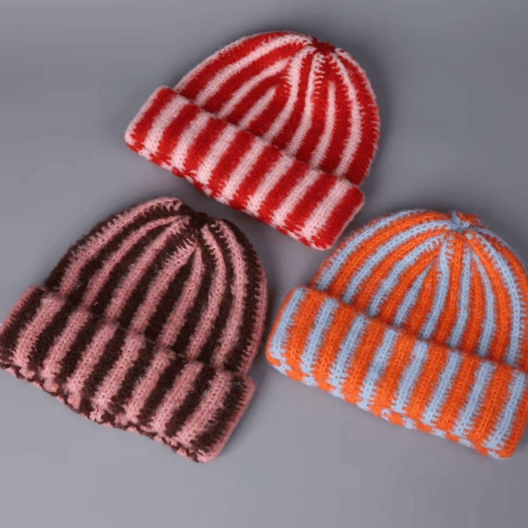 A aKorean Yarn Striped Beanie